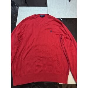 Polo Ralph Lauren V Neck Sweater L Red Pima Cotton Lightweight Medium Fade